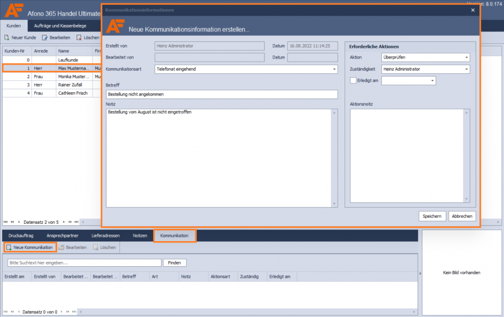 Kassensoftware Afono 365 Handel: Erstellung einer Kundenkommunikation