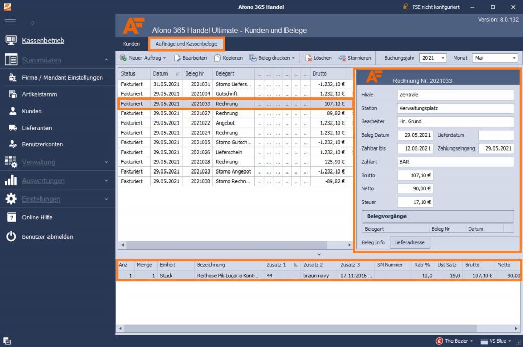 Kassensoftware Afono 365 Handel: Kundenaufträge und Belege
