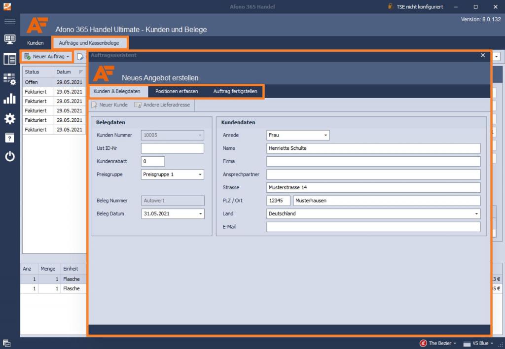 Kassensoftware Afono 365 Handel: Kundenaufträge und Belege, Erstellung eines neuen Beleges