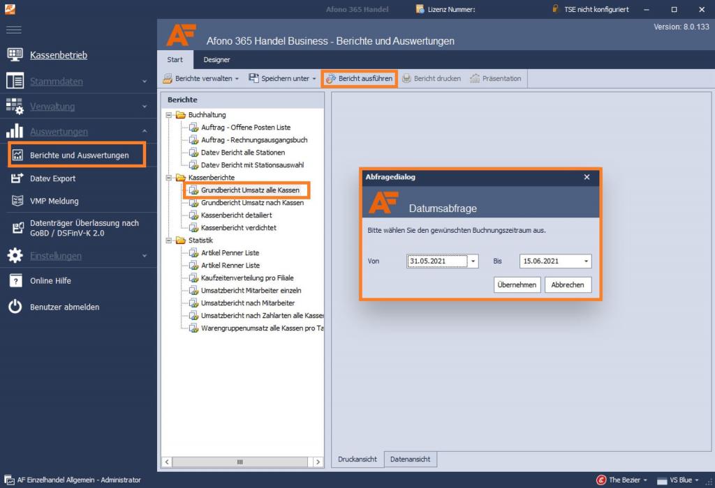 Kassensoftware Afono 365 Handel: Auswertung und Berichte, Bericht ausführen