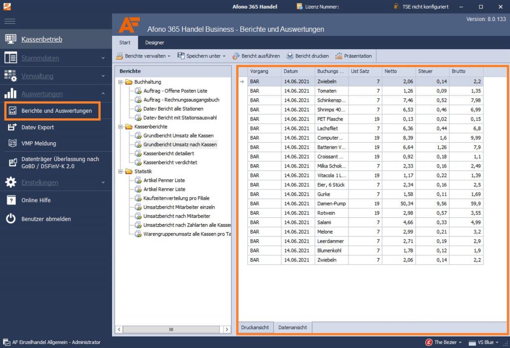 Kassensoftware Afono 365 Handel: Datenansicht eines ausgeführten Berichts