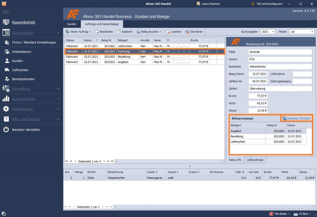 Kassensoftware Afono 365 Handel: Kundenverwaltung und Belegvorgänge