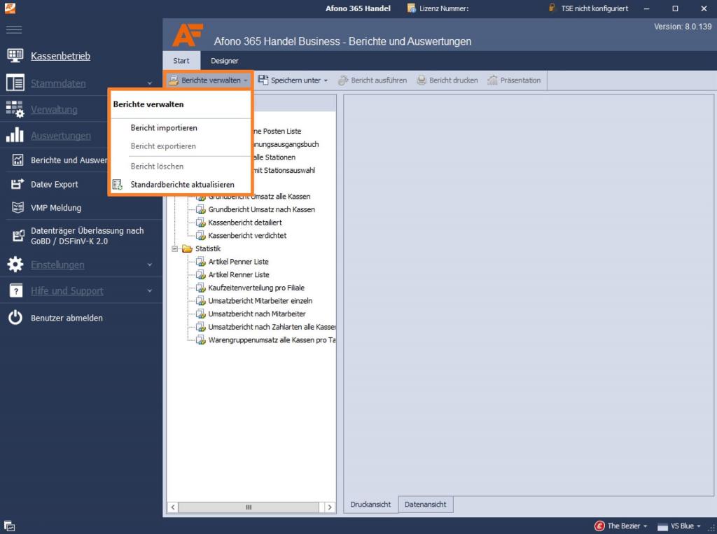 Kassensoftware Afono 365 Handel: Berichte und Auswertung, Berichte verwalten