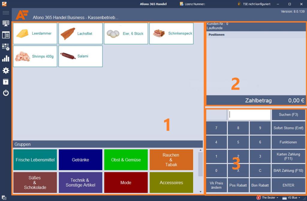 Kassensoftware Afono 365 Handel: Kassenoberfläche