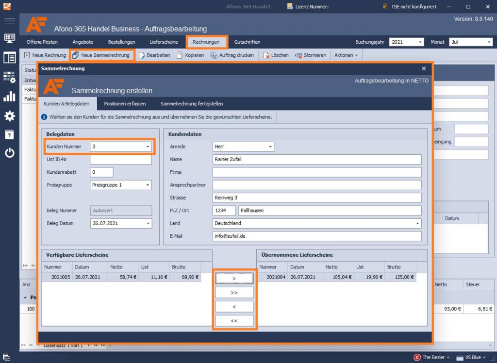Kassensoftware Afono 365 Handel: Festlegung der Lieferscheine für eine Sammelrechnung