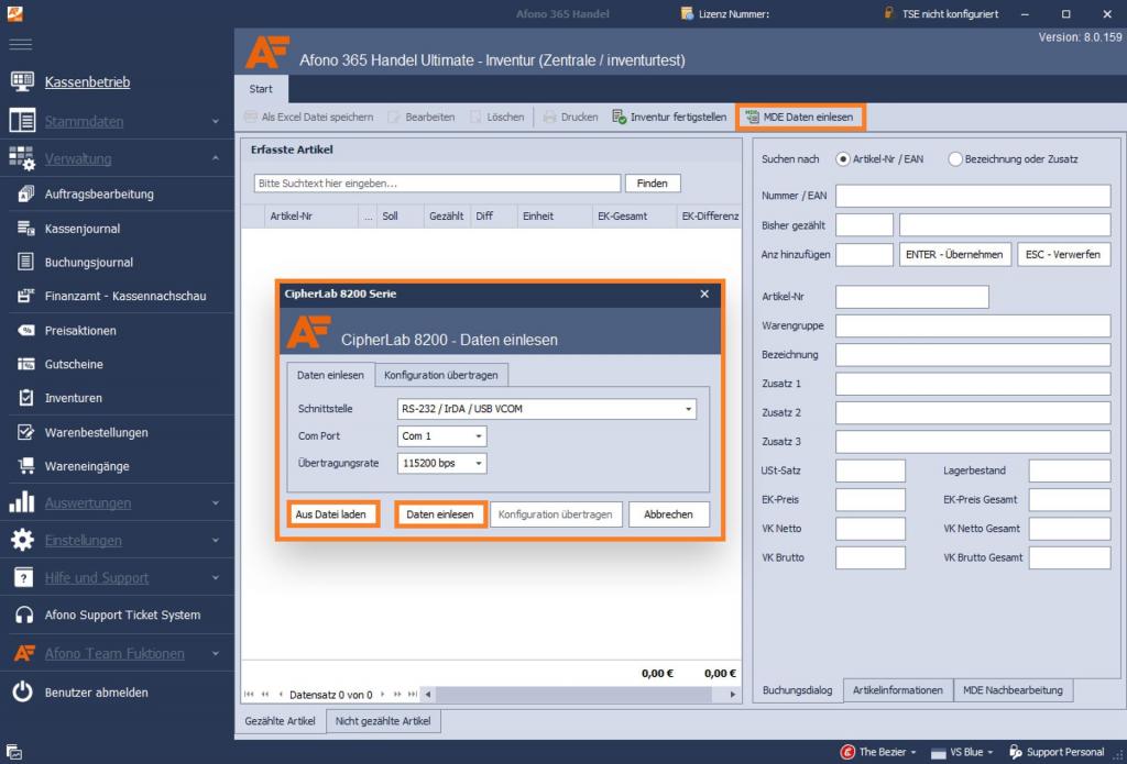 Kassensoftware Afono 365 Handel: Inventur, Erfassung mit MDE-Gerät