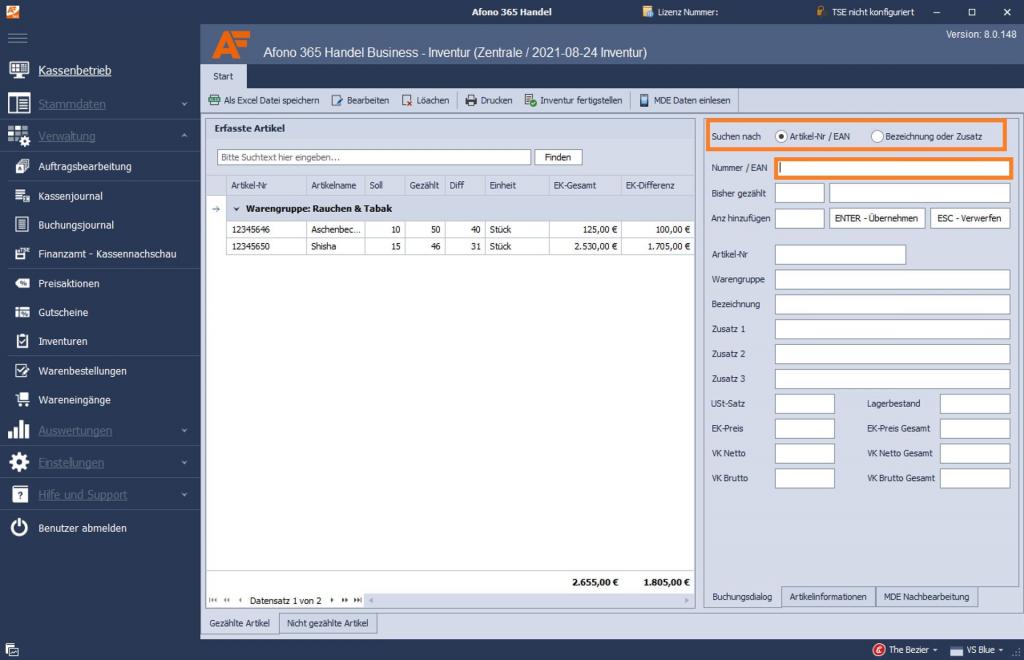 Kassensoftware Afono 365 Handel: Inventur manuelle Erfassung