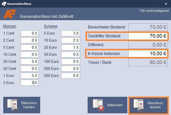 Kassensoftware Afono 365 Handel: Kassenabschluss mit Zählbrett