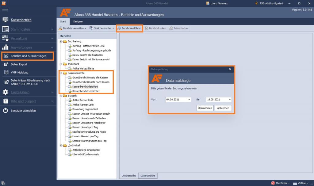Kassensoftware Afono 365 Handel: Auswertung Kassenabschlüsse