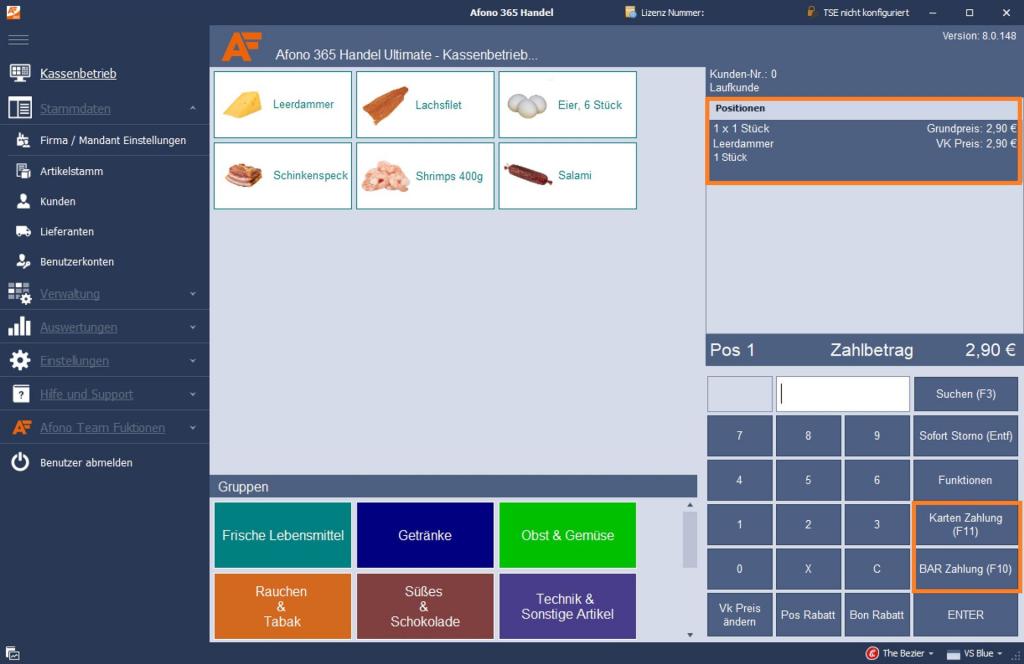 Kassensoftware Afono 365 Handel: Kassiervorgang, Bezahlen mit Karte oder Bar