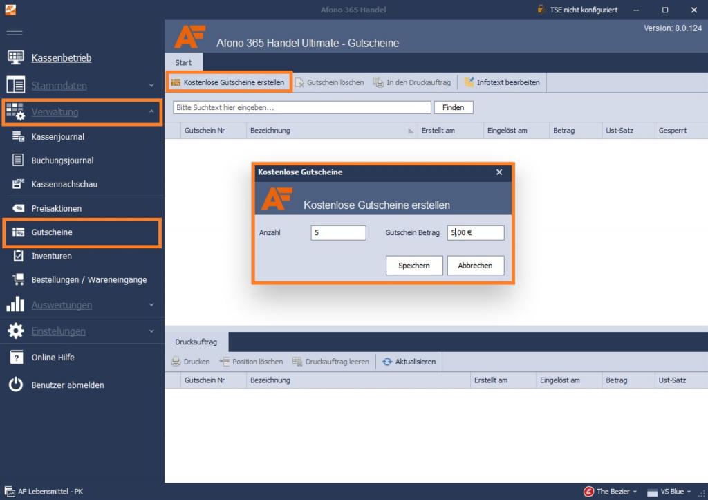 Kassensoftware Afono 365 Handel: Erstellen eines kostenlosen Gutscheins