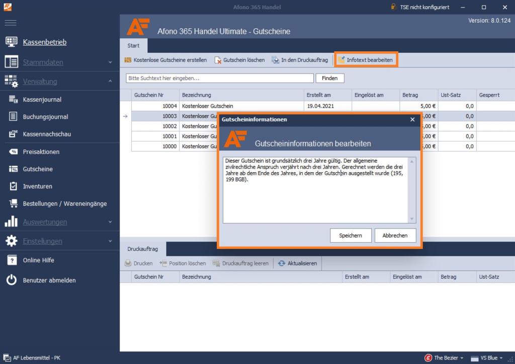 Kassensoftware Afono 365 Handel: Infotext eines kostenlosen Gutscheins bearbeiten
